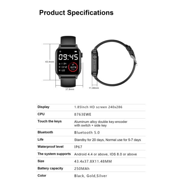 G93 New Smart Watch for Men & Women – 1.85'' Square Screen, Sports Waterproof, Bluetooth Call, Heart Rate Tracker - Image 5